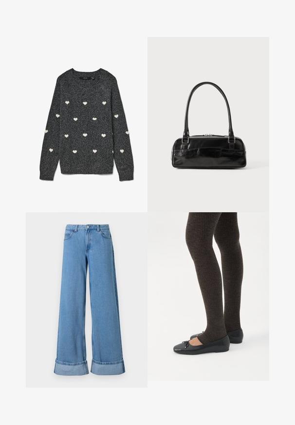 Grå sweater med rund halsudskæring og lange ærmer, prydet med et gentaget mønster af små hvide hjerter over det hele. Blødt tekstureret stof.; Lyseblå denim bukser med vide ben har høj talje, optrillede nederkanter, fem lommer og en knaplukning med lynlås.; Ben iført mørke ribbede leggings kombineret med sorte balletsko med små sløjfedetaljer på hvid baggrund.; Sort læderhåndtaske med rektangulær form, der har et enkelt struktureret håndtag, sølvhardware og lynlås-lukning. Glat tekstur.
