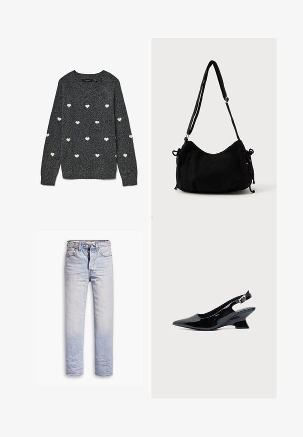 Grijze trui met een ronde hals en lange mouwen, met een herhalend patroon van kleine witte hartjes over het hele oppervlak. Zacht gestructureerde stof.; Lichtblauwe denim jeans met een straight leg ontwerp, voorzien van een knoopgulp, vijf zakken en subtiele vervaging langs de benen.; Zwarte lakleren slingback schoen met spitse neus en lage schuine blokhak op een effen lichte achtergrond.; Zwarte corduroy schoudertas met een gebogen vorm, een verstelbare schouderband en trekkoordsluitingen aan beide zijkanten voor maataanpassing.
