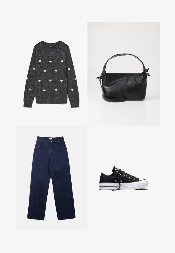 Pull gris à col rond et manches longues, avec un motif répété de petits cœurs blancs sur toute la surface. Tissu à la texture douce.; Pantalons en denim bleu foncé avec une coupe droite, dotés d'une fermeture à bouton à l'avant, de passants de ceinture et de deux poches avant.; Baskets basses en toile noire avec semelle plateforme en caoutchouc blanche, lacets noirs et œillets métalliques sur fond blanc.; Sac à main en cuir noir au design structuré, avec une poignée arrondie et une bandoulière amovible. Présente une texture lisse et un éclat subtil.
