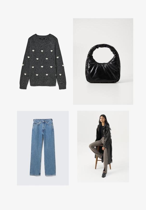 Grijze trui met een ronde hals en lange mouwen, met een herhalend patroon van kleine witte hartjes over het hele oppervlak. Zacht gestructureerde stof.; Blauwe denim jeans met hoge taille en rechte pijpen, voorzien van knoopsluiting aan de voorkant, rits, riemlussen en een ontwerp met vijf zakken op een effen lichte achtergrond.; Zwarte leren trenchcoat met knopen en riemdetails, gecombineerd met lichtbruine getailleerde broek en zwarte loafers, zittend op een houten kruk.; Zwarte gevoerde handtas met een ronde handgreep, met een gladde, glanzende oppervlakte en een zachte, gewatteerde textuur. Geen zichtbare metalen onderdelen of accenten.