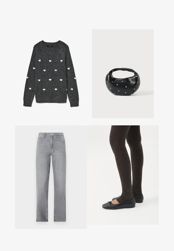 Pull gris à col rond et manches longues, avec un motif répété de petits cœurs blancs sur toute la surface. Tissu à la texture douce.; Jean droit gris avec poches avant, fermeture à bouton et coupe classique, présenté sur un fond blanc uni.; Jambes portant des leggings côtelés foncés associés à des ballerines noires avec de petits détails en nœud sur fond blanc.; Sac à main en cuir noir de forme arrondie, décoré de clous argentés et équipé d'une poignée courte. Texture lisse et fermeture éclair.