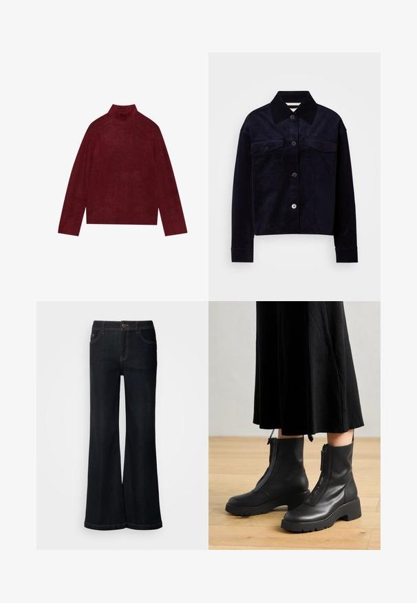 Bordeaux coltrui, gebreid, met ribbeldetails op de kraag en manchetten, met een boxy vorm en een zachte textuur.; Donkerblauwe corduroy jas met grote puntige kraag, knoopsluiting en twee klepzakken op de borst met knopen.; Mos Mosh MMDARA DELUXE JEANS - Relaxed fit jeans - dark blue; Zwarte leren enkelboots met een chunky platformzool en een rits aan de voorkant. Glad oppervlak met een minimalistisch ontwerp.