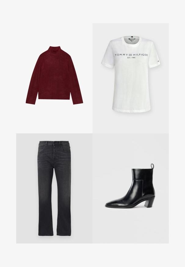 Burgundy turtleneck neule, kudottu, jossa on ribbikuviointi kauluksessa ja hihoissa, ja jonka muoto on laatikkomainen ja pehmeä rakenne.; Valkoinen lyhythihainen puuvillainen t-paita, jossa teksti "Tommy Hilfiger EST. 1985" ja logo rinnassa sekä pieni lippulogo vasemmassa hihassa.; Musta denimi-housut suoralla lahkeella, joissa on klassinen viisi taskua -muotoilu, nappisulku ja hieno haalistuminen kankaassa.; Musta nahkainen nilkkuri, jossa on terävä kärki, geometrinen pinoettu korko ja vetotappi takana. Sileä pinta ja tyylikäs muotoilu.