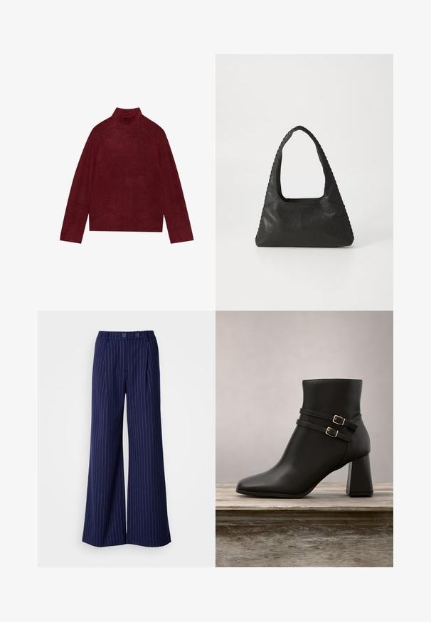 Burgundy turtleneck neule, kudottu, jossa on ribbikuviointi kauluksessa ja hihoissa, ja jonka muoto on laatikkomainen ja pehmeä rakenne.; Tummansininen leveälahkeinen housu, jossa on vaaleanpunaiset pystyrivit, etupuolella laskokset ja kahden napin suljenta. Valmistettu sileästä kankaasta.; Mustat nilkkurit, jotka on valmistettu sileästä nahasta, ja niissä on kaksi soljettua hihnaa sekä neliönmuotoinen korko, jossa on hieman läpinäkyvää korostusta.; Musta nahkalaukku, jossa on kolmiomainen muoto, suuri viilto-ote ja yksityiskohtainen ompelu reunoilla. Liukas pinta.