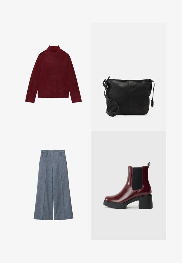 Bordeaux coltrui, gebreid, met ribbeldetails op de kraag en manchetten, met een boxy vorm en een zachte textuur.; Grijze wollen wijde broek met een gladde textuur, voorzien van een hoge taille, twee zijzakken en subtiele plooien.; Bordeaux leren enkelboot met elastische zijpanelen, ronde neus en een chunky zwarte hak, voorzien van een lus aan de achterkant.; Zwarte leren schoudertas met een platte vorm, gouden hardware-accenten en een verstelbare schouderband. Gladde textuur met minimale stikdetails.
