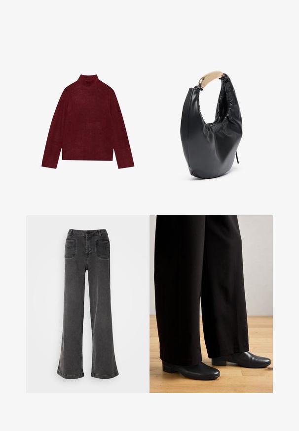Bordeaux coltrui, gebreid, met ribbeldetails op de kraag en manchetten, met een boxy vorm en een zachte textuur.; Hoge taille, wijd-uitlopende zwarte jeans gemaakt van denim, met een knoopsluiting, riemlussen en twee achterzakken met gestikte accenten.; Zwarte enkelboots met een ronde neus en een lage blokhak, gecombineerd met zwarte wijde broek, op een achtergrond van een houten vloer.; Zwarte nepleren handtas met een gebogen silhouet. Beschikt over een glanzend gouden handvat en een gegromde textuur langs de bovenopening.