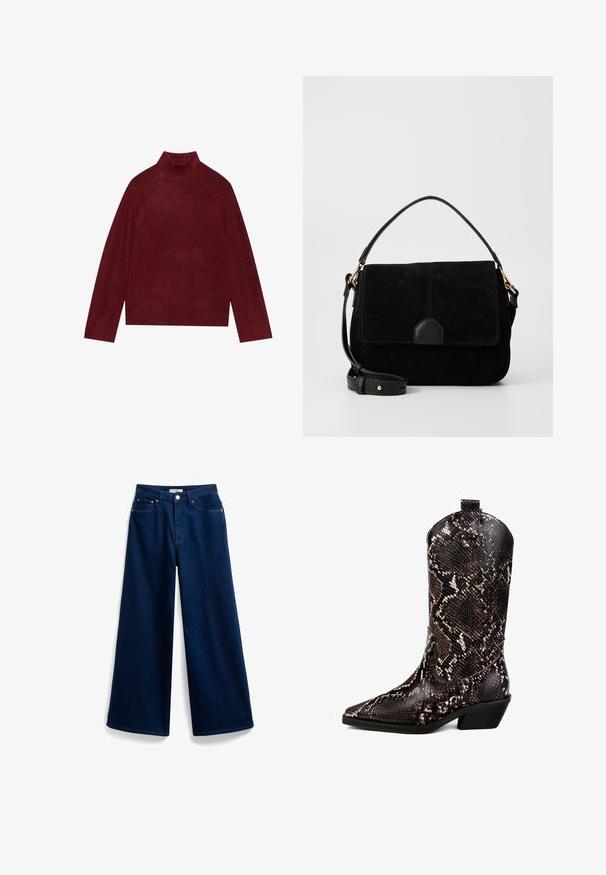 Bordeaux turtleneck trøje, strikket, med ribbede detaljer ved kraven og ærmerne, med en boxy form og blød tekstur.; Bredde ben mørkeblå denim jeans med høj talje, med standard fem-lomme design og en frontlukning med knapper. Glat tekstur.; Brun og beige slangeskindsprintet westernstøvle med spids tå, tekstureret læder og lav blokhæl. Har en syet design og en trækstrop.; Sort suede håndtaske med læderdetaljer, der har klaplukning, topgreb og justerbar skulderrem. Glat tekstur, minimalistisk design.