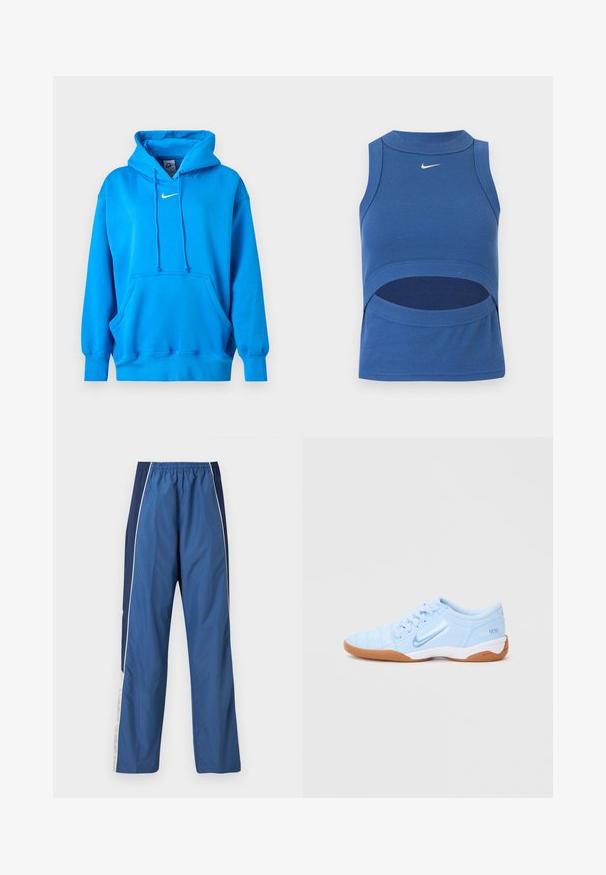 Φούτερ Nike σε έντονο μπλε χρώμα με μπροστινή τσέπη τύπου καγκουρό, κουκούλα με κορδόνι, ριμπ μανσέτες και λευκό λογότυπο Nike Swoosh στο στήθος.; Μπλε αμάνικο crop top Nike με ψηλό λαιμό και άνοιγμα στο στομάχι, υφασμάτινη ρίγα και λευκό λογότυπο Swoosh στο κέντρο μπροστά.; Μπλε αθλητικό παντελόνι με ελαφριά, απαλή υφή. Ελαστική μέση, αντίθετη σκουρόχρωμη μπλε πλαϊνή λωρίδα και λευκές διακοσμητικές ρίγες.; Ανοιχτό μπλε αθλητικό παπούτσι με λείο συνθετικό επάνω μέρος, με υφή στα διακοσμητικά στοιχεία και σόλα από καουτσούκ. Διαθέτει λογότυπο στο πλάι.