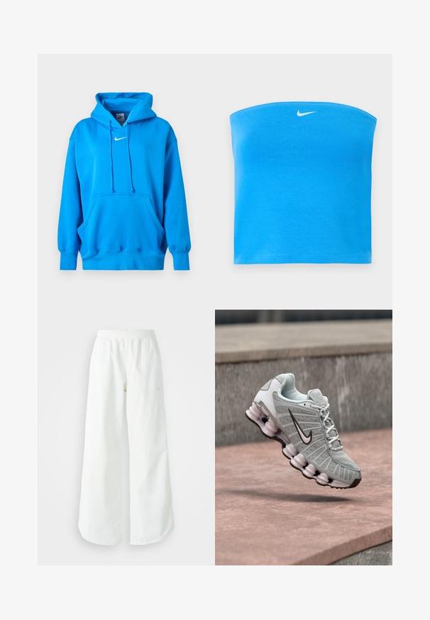 Φούτερ Nike σε έντονο μπλε χρώμα με μπροστινή τσέπη τύπου καγκουρό, κουκούλα με κορδόνι, ριμπ μανσέτες και λευκό λογότυπο Nike Swoosh στο στήθος.; Φωτεινό μπλε strapless tube top της Nike με λευκό λογότυπο Swoosh στο κέντρο κοντά στο πάνω άκρο.; Λευκό αθλητικό παντελόνι σε φαρδιά γραμμή με ραμμένο ζώνη και διακριτική λεπτομέρεια λογότυπου. Απαλή υφή με άνετη εφαρμογή και στενό στρίφωμα.; Ανοιχτό γκρι sneaker Nike με μαύρο λογότυπο swoosh, λευκά κορδόνια και χαρακτηριστική σόλα που μοιάζει με ελατήριο, εμφανίζεται να αιωρείται πάνω από μια πέτρινη επιφάνεια.