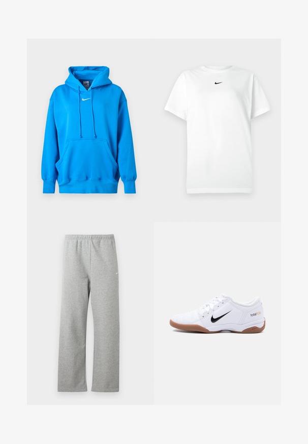 Φούτερ Nike σε έντονο μπλε χρώμα με μπροστινή τσέπη τύπου καγκουρό, κουκούλα με κορδόνι, ριμπ μανσέτες και λευκό λογότυπο Nike Swoosh στο στήθος.; Λευκό T-shirt κοντομάνικο με στρογγυλή λαιμόκοψη και μικρό μαύρο λογότυπο Nike κάτω από τον λαιμό.; Ανοιχτό γκρι φόρμα με ελαστική μέση και μικρό λευκό λογότυπο Nike στο πάνω μέρος του μηρού, εμφανίζεται επίπεδη σε λευκό φόντο.; Άσπρο παπούτσι ποδοσφαίρου Nike Total 90 III για εσωτερικούς χώρους με μαύρο λογότυπο Swoosh και καφέ σόλα, εμφανιζόμενο από το πλάι σε απλό φόντο.