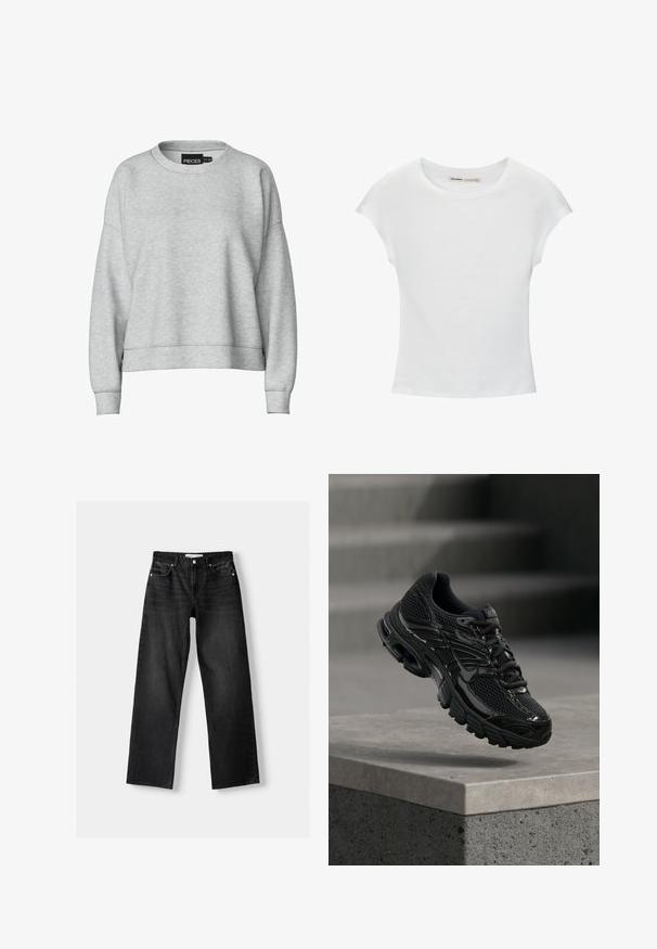 Grå sweatshirt med rund halsudskæring og nedskuldrede skuldre. Fremstillet af blødt stof, har en cropped design og ribbede manchetter. Enkel mærkat ved kraven.; Hvid bomuld t-shirt med korte, opsmøgede ærmer, rund halsudskæring og lige kant. Glat tekstur uden synlige mønstre eller detaljer.; Bershka Jeans Straight Leg - mottled dark grey; Sort Nike løbesko med mesh og syntetisk overdel, der svæver over en betonoverflade og trin i baggrunden.