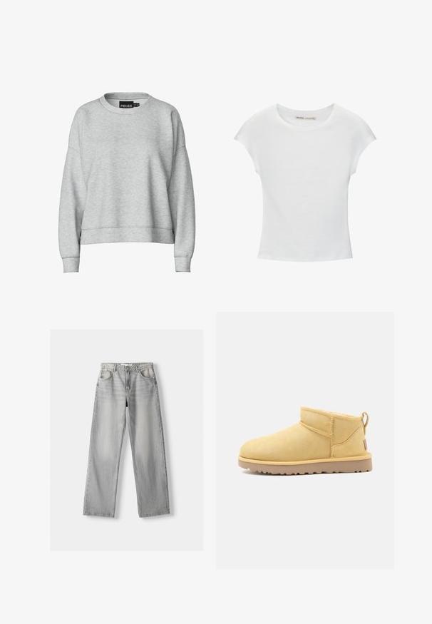 Grauer Sweatshirt mit Rundhals-Ausschnitt und überschnittenen Schultern. Aus weichem Stoff gefertigt, hat es einen verkürzt geschnittenen Design und gerippte Bündchen. Einfaches Etikett am Kragen.; Weißes Baumwoll-T-Shirt mit kurzen, aufgerollten Ärmeln, rundem Ausschnitt und geradem Saum. Glatte Textur ohne sichtbare Muster oder Akzente.; Helle graue Jeans aus Denim mit geradem Bein, ausgestattet mit zwei vorderen Taschen, einem Knopfverschluss und subtilen Abnutzungen für Struktur.; Kurzer beiger Wildleder-Stiefelette mit flacher Gummisohle, sichtbarer Naht und Lasche hinten vor schlichtem Hintergrund.