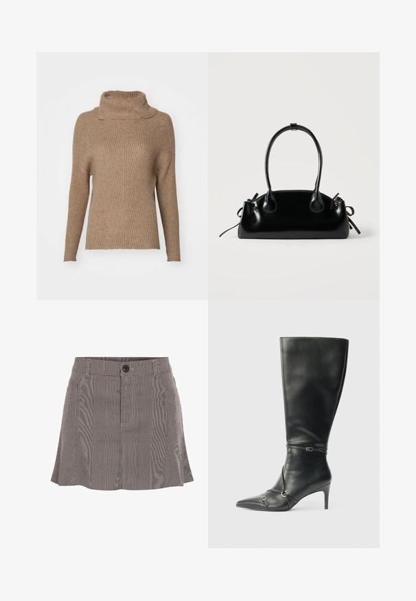 ONLY ONLKATIA SADDLE ROLL NECK - Pullover - malt ball; Jupe à carreaux noir et blanc, fabriquée en tissu léger, dotée d'une ceinture avec un bouton et d'un design plissé pour plus de détails.; Bottes noires en cuir montant jusqu'au genou, avec un talon fin, un bout pointu et des détails de lanière à la cheville. Texture lisse et design ajusté.; Petit sac à main noir brillant avec deux longues anses et des détails à cordon sur les côtés sur un fond clair uni.