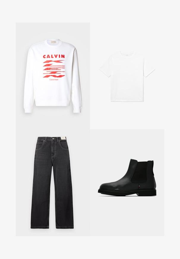 Witte sweatshirt met rode grafische tekst "CALVIN" en abstracte vormen. Ribgebreide boorden en zoom, casual ontwerp, zachte stof.; Witte katoenen T-shirt met korte mouwen, een ronde halslijn en een rechte zoom. Glad textuur zonder zichtbare patronen of accenten.; Zwarte wijde spijkerbroek van denim, met vijf zakken, contrasterende witte stiksels en een knoopsluiting in de taille.; Zwarte leren Chelsea-laars met elastische zijpanelen, ronde neus en gestructureerd bovenwerk. Voorzien van een platte rubberen zool en subtiele merkdetails.