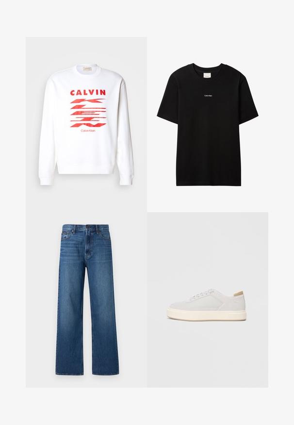 Witte sweatshirt met rode grafische tekst "CALVIN" en abstracte vormen. Ribgebreide boorden en zoom, casual ontwerp, zachte stof.; Zwart katoenen T-shirt met een ronde hals en korte mouwen. Voorzien van een klein wit "Calvin Klein" logo op de voorkant. Glad oppervlak, klassieke pasvorm.; Blauwe high-waisted jeans met rechte pijpen, voorzien van een knoop- en ritssluiting aan de voorkant, vijf zakken en een klein merklabel op de rechterzak.; Lichtgrijze sneakers met een glad synthetisch bovenwerk, ronde neus en een gestructureerde crème tussenzool. Lichte tan accenten op de hak.