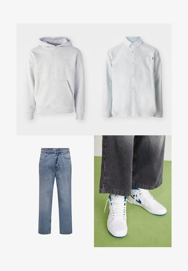 Grå hættetrøje lavet af blødt stof. Har en kængurulomme, ribbede manchetter og et diskret logo på brystet. Simpelt design.; New Balance OXFORD - Skjorter - blue; Lyseblå straight-leg denim jeans med knap- og lynlåslukning samt for- og baglommer.; Hvide højtop sneakers med blå accenter, perforeret tå boks og hvide snørebånd. Båret med løse grå denim bukser på en grøn overflade.