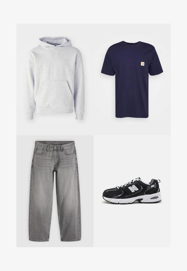 Sweatshirt à capuche gris en tissu doux. Présente une poche kangourou, des poignets côtelés et un logo discret sur la poitrine. Design simple.; T-shirt en coton bleu marine à manches courtes, col rond, avec une poche sur la poitrine gauche arborant un logo Carhartt brodé en jaune et blanc.; Jean en denim gris coupe droite avec fermeture à boutons devant, passants de ceinture et style cinq poches sur fond uni.; Baskets de sport noires et grises avec un tige en mesh et en suède, présentant une semelle intermédiaire blanche, des lacets et un logo "N" audacieux sur le côté.