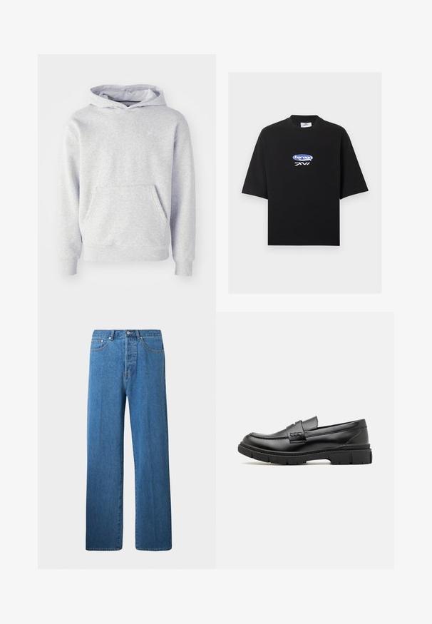 Grå hættetrøje lavet af blødt stof. Har en kængurulomme, ribbede manchetter og et diskret logo på brystet. Simpelt design.; Sort oversized T-shirt med korte ærmer, med en blå og hvid "bareen MM XVI" logo centralt på brystet.; Lysblå denimjeans med lige ben. Har fem lommer, knaplukning og minimale syninger.; Sort læder loafersko med en bred rem over forfoden, gummisål med tykke mønstre og glat overflade. Klassisk, slankt design.