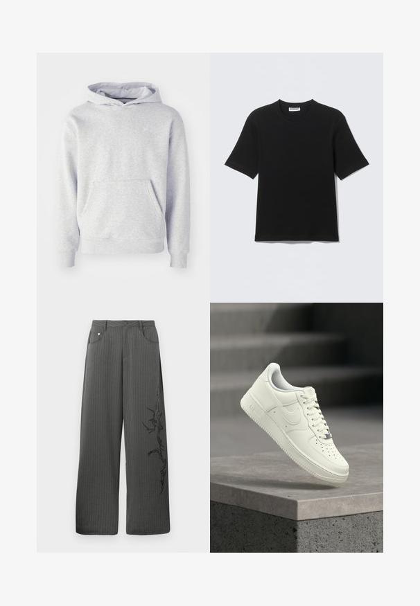 Grå hættetrøje lavet af blødt stof. Har en kængurulomme, ribbede manchetter og et diskret logo på brystet. Simpelt design.; Sort kortærmet T-shirt med rund hals og "WEEKDAY" mærke på indersiden af kraven, vist fladt på en lys baggrund.; Bredbenede, mørkegrå stofbukser med striber, som har forlommer og et sort dekorativt print på venstre side.; Hvid lædersneaker med lavprofildesign, tekstureret overflade, perforeringer på tåen og sølvfarvede detaljer på snørebånd og mærkning.