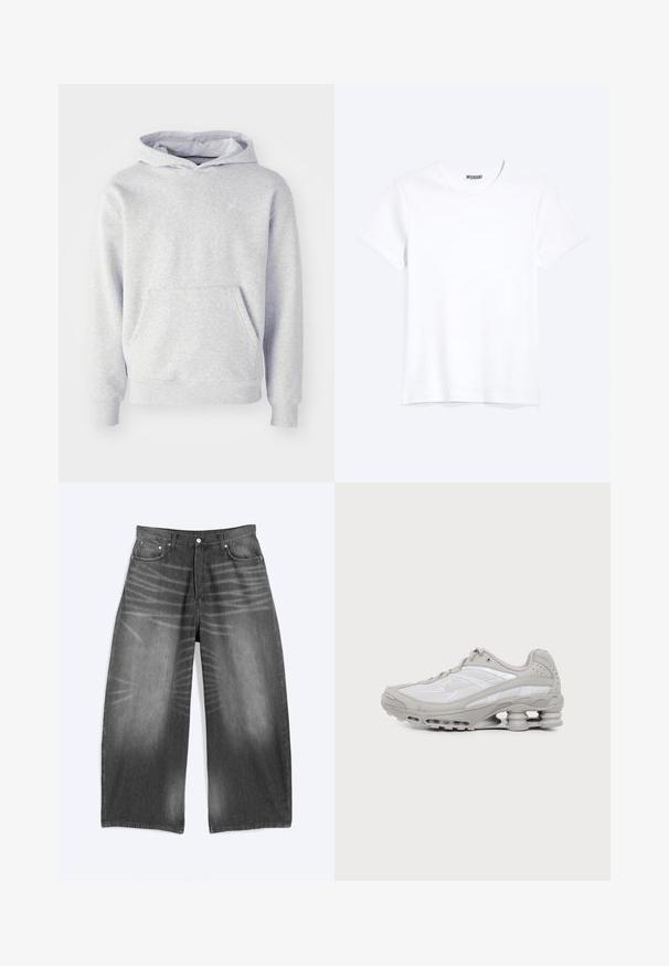 Sweatshirt à capuche gris en tissu doux. Présente une poche kangourou, des poignets côtelés et un logo discret sur la poitrine. Design simple.; T-shirt blanc uni à manches courtes et col rond avec une étiquette de la marque WEEKDAY visible au niveau du col, présenté sur un fond clair.; Jean en denim noir délavé à jambes larges avec poches avant et fermeture à boutons, présenté à plat sur fond clair.; Baskets de sport grises et blanches avec semelle à coussin d'air visible et panneaux en mesh, présentées de profil sur un fond clair uni.