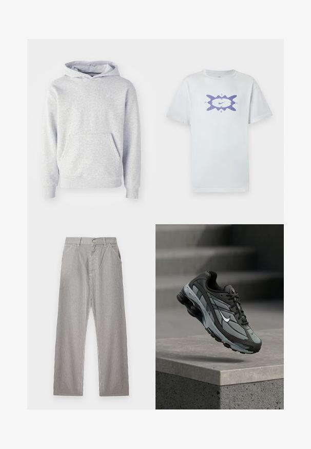 Grå hættetrøje lavet af blødt stof. Har en kængurulomme, ribbede manchetter og et diskret logo på brystet. Simpelt design.; Hvid bomuldst-shirt med en løs pasform, med et lilla grafisk motiv i midten, omgivet af en bølget kontur. Korte ærmer.; Herrebukser med lodrette sorte og hvide nålestriber, forlukning med knap foran, bæltestropper og sidelommer.; Grå og sort atletiksko med meshpaneler og tyk sål, placeret i luften over en betonliste med trapper i baggrunden.