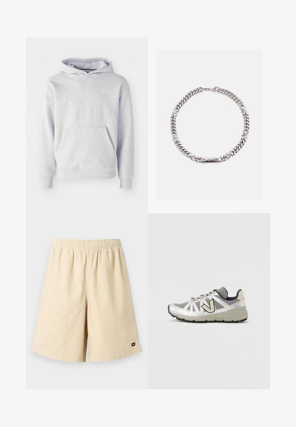 Grå hættetrøje lavet af blødt stof. Har en kængurulomme, ribbede manchetter og et diskret logo på brystet. Simpelt design.; Beige fløjlsbukser med elastisk talje og et syet mærke nederst til højre. Stoffet har et struktureret, ribbet mønster.; Lysegrå og sølvfarvet sportssko med beige "V"-logo, mesh-overdel, sorte accenter, polstret sål og tekstureret gummiydersål.; Sølvkæde med tykke led og et rektangulært mærke med graveringen "Ed Hardy" på en hvid baggrund.
