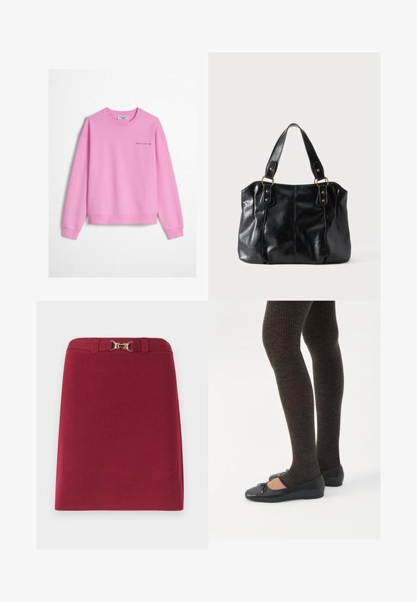 Sweatshirt rose clair à col rond avec poignets et ourlet côtelés, arborant un petit texte en cursive « keep on moving » sur le côté gauche de la poitrine.; Jupe bordeaux longueur genou avec passants de ceinture et détail boucle mors dorée à la taille.; Jambes portant des leggings côtelés foncés associés à des ballerines noires avec de petits détails en nœud sur fond blanc.; Sac à épaule en cuir noir avec double anses attachées par des anneaux et rivets dorés, surface lisse et légèrement brillante, design simple.