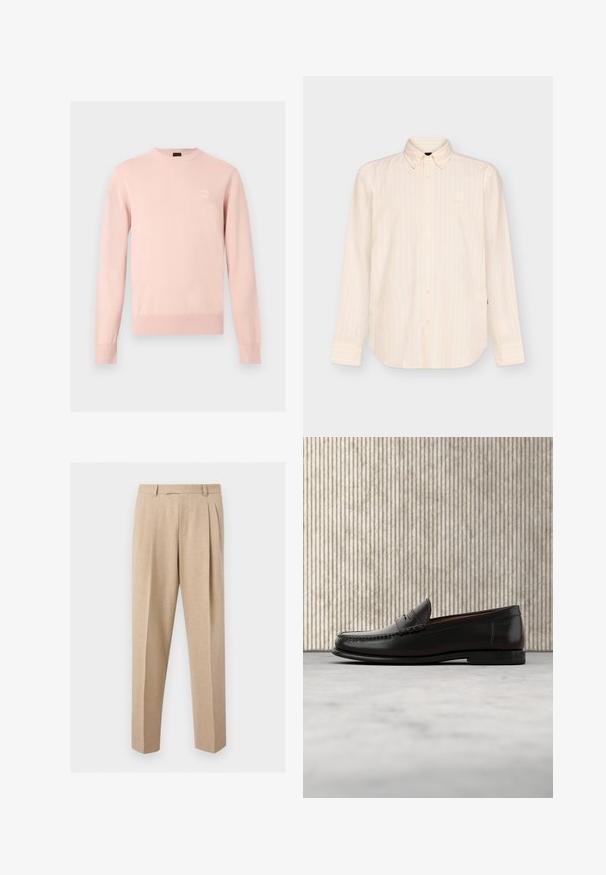 Pull rose clair à manches longues avec col rond, poignets et ourlet côtelés, avec un petit patch logo discret sur la poitrine gauche.; Chemise beige à manches longues boutonnée avec des rayures verticales subtiles et un col classique, présentée sur un fond clair uni.; Pantalon beige sur mesure avec plis sur le devant, passants de ceinture et jambes droites, présenté sur un fond clair et uni.; Mocassin penny en cuir noir avec talon bas, bout arrondi et détails cousus à l'avant et sur les côtés, présenté sur un fond neutre.