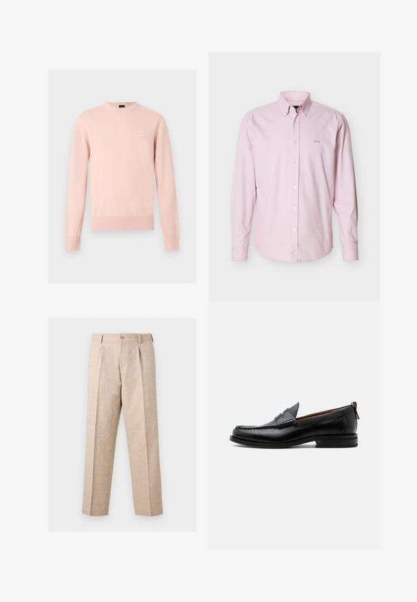 Pull rose clair à manches longues avec col rond, poignets et ourlet côtelés, avec un petit patch logo discret sur la poitrine gauche.; Chemise rose clair à manches longues avec boutons sur le devant, col à patte boutonnée et petit logo "BOSS" brodé sur la poitrine gauche.; Pantalon beige à jambes droites avec plis, fermeture par bouton, passants pour ceinture et coupe ajustée.; Mocassin homme en cuir noir avec couture moc toe, bride penny, col texturé et petit talon empilé sur fond blanc.