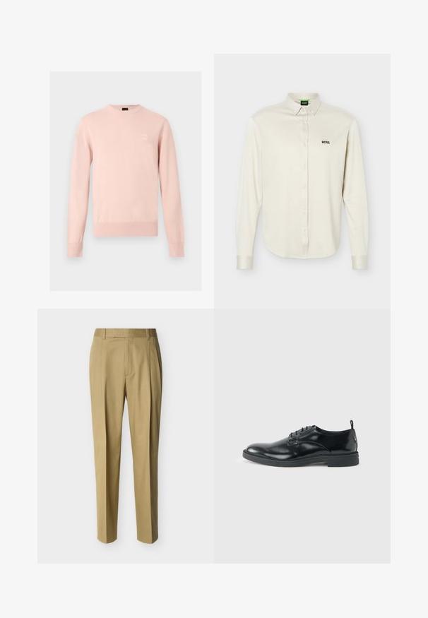 Pull rose clair à manches longues avec col rond, poignets et ourlet côtelés, avec un petit patch logo discret sur la poitrine gauche.; Chemise blanche à manches longues avec col, logo noir "BOSS" sur le côté gauche de la poitrine, et poignets à boutons, présentée sur un fond uni.; Pantalon beige ajusté avec passants de ceinture et pli frontal, présenté sur un fond clair uni.; Chaussure habillée en cuir noir brillant avec un petit talon, fermeture à lacets et bout rond, vue de côté sur un fond uni et clair.