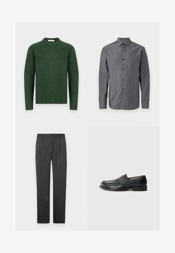 Grøn strikket sweater med rund halsudskæring, lange ærmer og en tekstureret stof. Simpelt design, ingen synlige mønstre eller accenter.; Grå skjorte med knapper lavet af tekstureret stof, der har krave, lange ærmer og en hel knaplukning med mørke knapper.; Grå skræddersyede bukser med lige ben, der har en frontfold, lynlås og knaplukning. Glat tekstur, klassisk design.; Sorte læder loafers med et klassisk design, der har en syet detalje ved tåen og en lav, tekstureret gummisål.