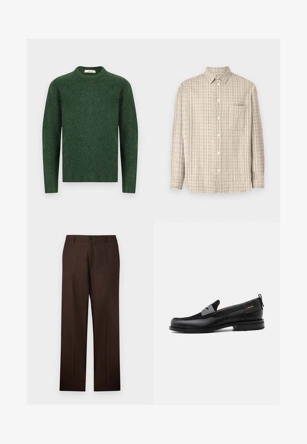 Grøn strikket sweater med rund halsudskæring, lange ærmer og en tekstureret stof. Simpelt design, ingen synlige mønstre eller accenter.; Button-up skjorte i lys beige, med et ternet mønster, lange ærmer, en brystlomme og et almindeligt kravedesign.; Brune, skræddersyede bukser med lige ben-design, knaplukning og glat stoftekstur. Ingen synlige mønstre eller accenter.; Sort læderloafer med grå remdetalje, lav hæl og tekstureret sål, mærket med "HUGO" i guld på siden.