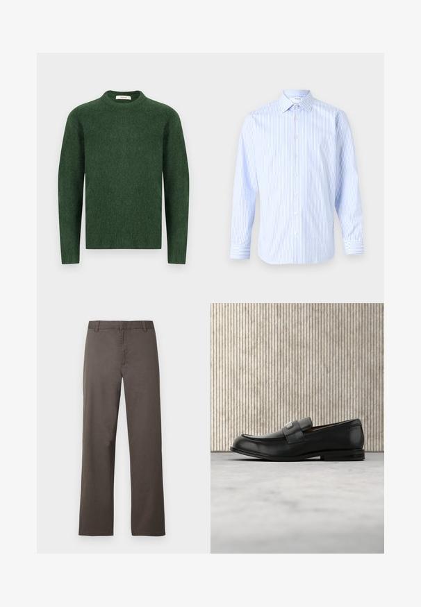 Grøn strikket sweater med rund halsudskæring, lange ærmer og en tekstureret stof. Simpelt design, ingen synlige mønstre eller accenter.; Lyseblå og hvidstribet langærmet skjorte med klassisk krave, knaplukning foran og manchetter, lavet af et glat stof.; Brune bomuldsbukser med et design i lige ben, der har bæltestropper og en glat tekstur. Ingen synlige mønstre eller hardware-detaljer.; Sort læderloafer med metalbrandskilt hvilende nær et brunt rundt bord på beige tæppe.