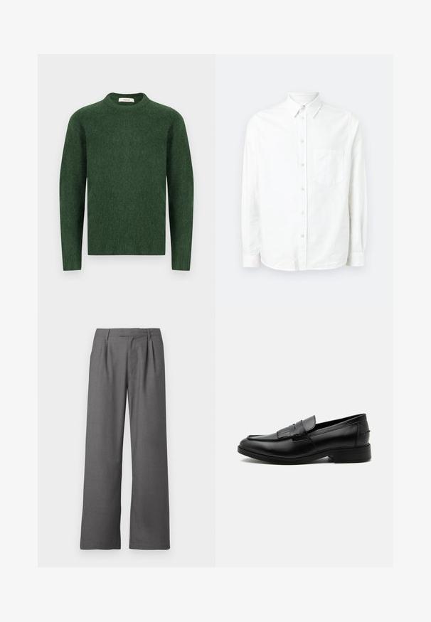 Grøn strikket sweater med rund halsudskæring, lange ærmer og en tekstureret stof. Simpelt design, ingen synlige mønstre eller accenter.; Hvid langærmet skjorte med knaplukning lavet af letvægtsstof. Har en frontlomme, klassisk krave og subtil tekstur.; Grå vide benbukser lavet af glat stof, med en plisseret front, sidelommer og en skrædderlavet talje med bæltestropper.; Sort læder herre loafers med kvast detalje, rundet tå, lav hæl og glat poleret finish, vist fra siden på hvid baggrund.