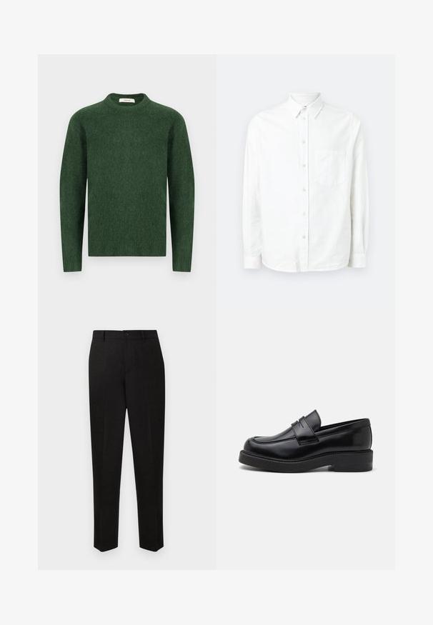 Suéter verde de punto con escote redondo, mangas largas y una tela texturizada. Diseño simple, sin patrones ni acentos visibles.; Camisa blanca de manga larga y botones, hecha de una tela ligera. Presenta un bolsillo frontal, cuello clásico y una textura sutil.; Pantalones negros a medida con un diseño de pierna recta, que cuentan con cierre de botones y una textura sutil. Sin patrones ni acentos visibles.; Mocasín de cuero negro con punta redondeada, costura decorativa en la parte frontal y suela de goma gruesa. Textura suave con un acabado pulido.