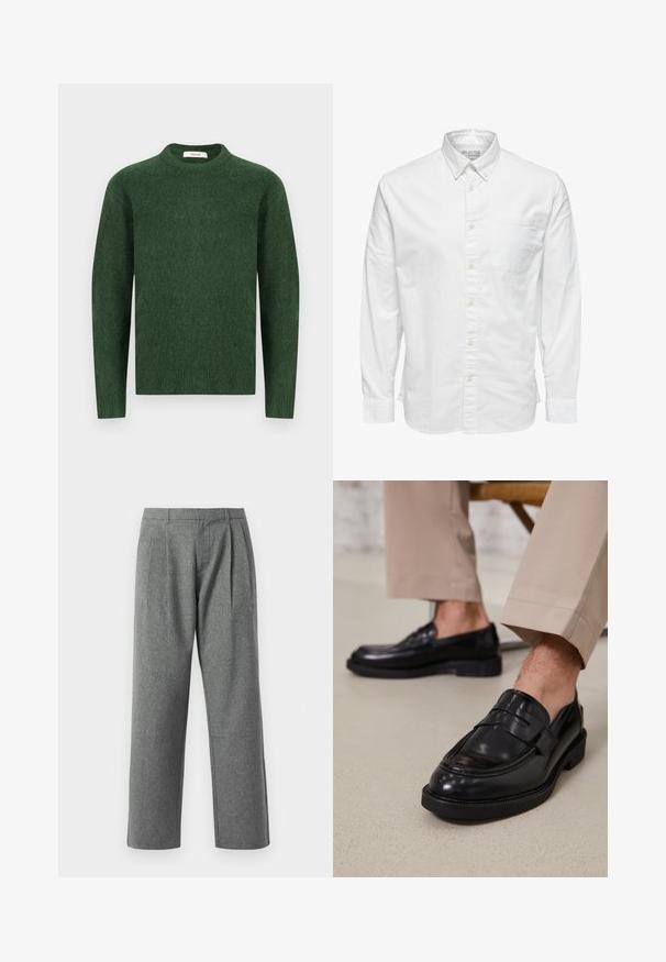 Suéter verde de punto con escote redondo, mangas largas y una tela texturizada. Diseño simple, sin patrones ni acentos visibles.; Camisa blanca de manga larga con botones, cuello y bolsillo en el pecho, con la etiqueta "Selected Homme" en el interior del cuello.; Pantalones gris de pierna recta hechos de una tela texturizada, con pliegues en la parte frontal y una cintura básica, sin bolsillos visibles.; Mocasines de cuero negro con un acabado suave, que cuentan con una correa decorativa y costuras en contraste, combinados con pantalones beiges.
