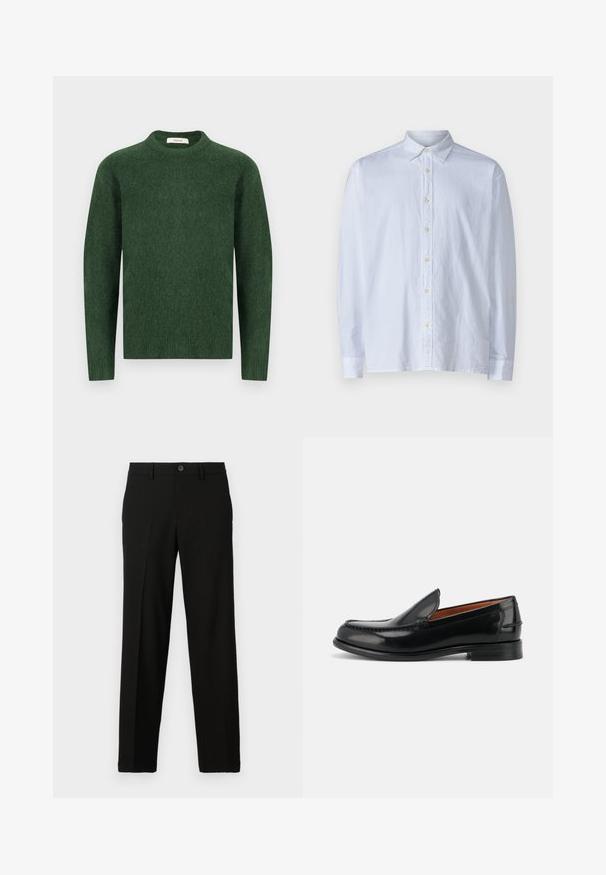 Groene gebreide trui met een ronde halslijn, lange mouwen en een gestructureerde stof. Eenvoudig ontwerp, zonder zichtbare patronen of accenten.; Witte button-up shirt van lichtgewicht stof, met een puntige kraag, lange mouwen en een rij gele knopen aan de voorkant.; Zwarte broek van gladde stof, met een rechte snit, een knoopsluiting aan de taille en geen zichtbare patronen of accenten.; Zwarte gepolijste leren instap loafer met lage hak en gestikte details langs de neus en zijkanten, zijaanzicht.