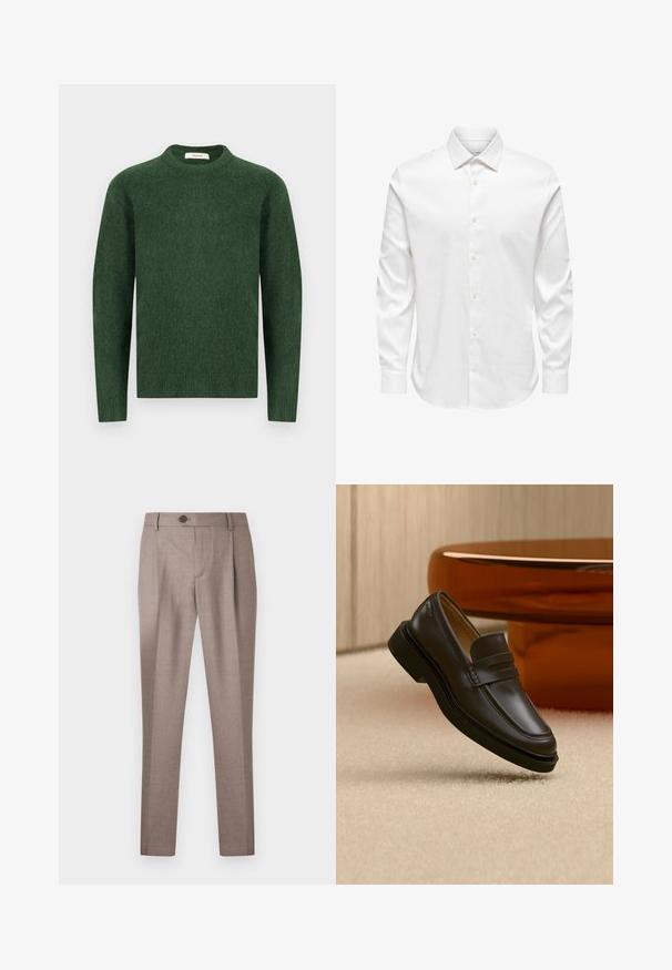 Grøn strikket sweater med rund halsudskæring, lange ærmer og en tekstureret stof. Simpelt design, ingen synlige mønstre eller accenter.; Hvid herreskjorte med lange ærmer, spids krave og række af hvide knapper foran på ensfarvet baggrund.; Lysebrune skræddersyede bukser med knap- og lynlås lukning, bæltestropper og lige pasform mod en hvid baggrund.; Sort læderloafer, der svæver over et beige tæppe med brunt afrundet møbel i baggrunden.