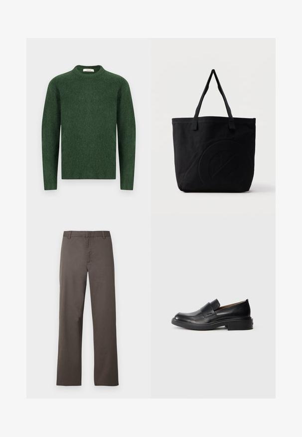 Pull en maille vert avec un col rond, des manches longues et un tissu texturé. Design simple, sans motifs ni accents visibles.; Pantalon en coton marron avec une coupe droite, doté de passants de ceinture et une texture lisse. Aucun motif visible ni détail de quincaillerie.; Chaussure habillée noire en cuir, à enfiler, avec un petit talon et un logo Calvin Klein discret sur le côté, présentée de profil sur un fond blanc.; Sac fourre-tout en toile noire avec deux bandoulières et un motif circulaire discret en relief sur le devant.