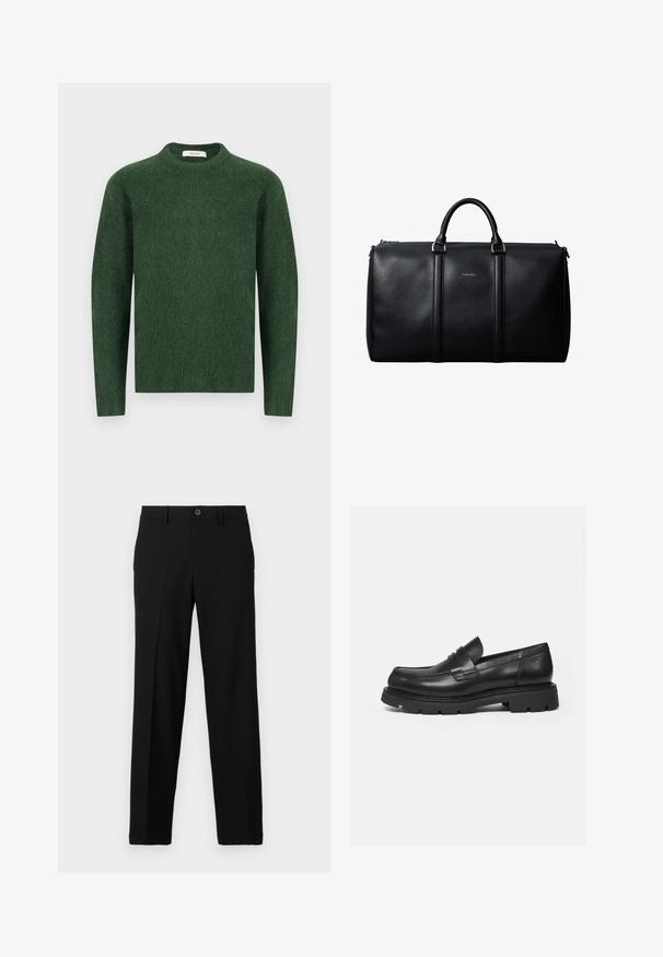 Suéter verde de punto con escote redondo, mangas largas y una tela texturizada. Diseño simple, sin patrones ni acentos visibles.; Pantalones negros de tejido suave, con un corte recto, cierre de botón en la cintura y sin patrones ni detalles visibles.; Mocasín negro de cuero con suela gruesa y acanalada y detalle de tira para moneda, mostrado en perfil lateral derecho sobre fondo blanco.; Bolsa de cuero negro tipo duffel con dos asas, logo sutil de Calvin Klein en el centro y detalles en hardware de tono plateado.