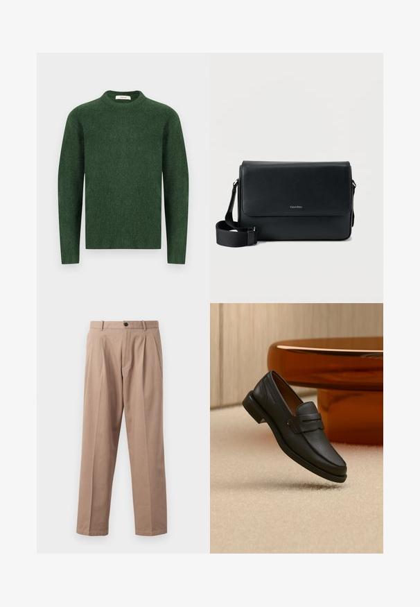 Suéter verde de punto con escote redondo, mangas largas y una tela texturizada. Diseño simple, sin patrones ni acentos visibles.; Pantalones beiges de algodón, con corte recto, pliegues en la parte frontal, cierre de botón y bolsillos laterales. Textura suave.; Mocasín de hombre de cuero negro con una banda en la parte superior, exhibido sobre una alfombra beige cerca de una mesa circular moderna marrón.; Bolso mensajero de cuero negro con acabado texturizado, correa ajustable y solapa frontal con un logo sutil. Forma compacta y rectangular.