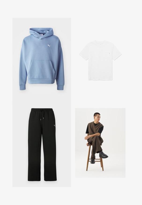 Blauer Kapuzenpullover aus weichem Stoff. Verfügt über eine Fronttasche, gerippte Bündchen und ein kleines weißes Logo auf der Brust.; Weißes T-Shirt mit kurzer Schulterpartie, Rundhalsausschnitt, kleiner Brusttasche und einem dezenten Logotag am Taschenrand.; Schwarze Jogginghose aus weichem Stoff, mit lockerem Schnitt, elastischem Bund mit Kordelzug und kleinem silbernem Logo auf der linken Seite.; Brauner Strickwesten über einem schwarzen T-Shirt, kombiniert mit braunen weiten Hosen und schwarzen klobigen Schuhen, auf einem Holzschemel sitzend.