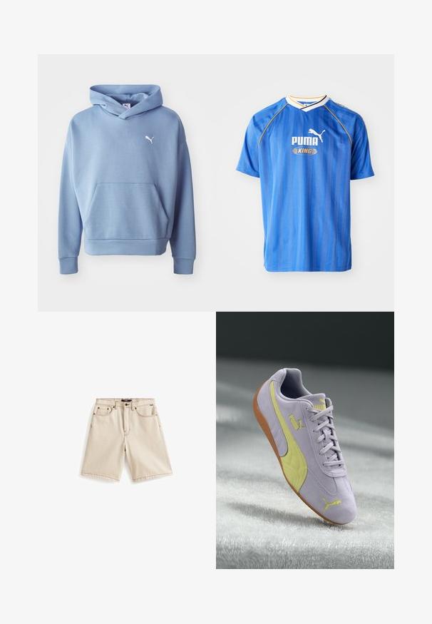Blauer Kapuzenpullover aus weichem Stoff. Verfügt über eine Fronttasche, gerippte Bündchen und ein kleines weißes Logo auf der Brust.; Blaues Fußballtrikot mit kurzen Ärmeln, vertikalen Streifen, weißen und gelben Akzenten sowie einem Logo mit einem Puma. Leichtes, atmungsaktives Material.; Beige Jeans-Shorts mit geradem Schnitt, mit orangen Nähten, fünf Taschen und einem oberen Knopfverschluss. Klassisches Design, vielseitiger Stil.; Hellblaues Wildleder-Sneaker mit gelben Akzenten, strukturierter Seitenpartie, Schnürdesign und Gummisohle. Puma-Logo an der Seite.
