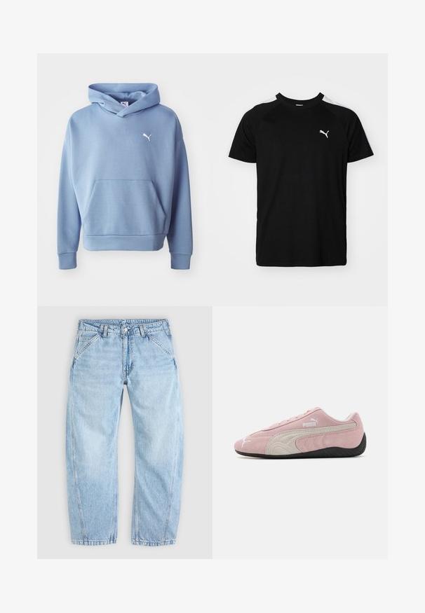 Blauer Kapuzenpullover aus weichem Stoff. Verfügt über eine Fronttasche, gerippte Bündchen und ein kleines weißes Logo auf der Brust.; Schwarzes Kurzarm-T-Shirt mit weißen Akzentstreifen auf den Schultern, runden Halsausschnitt und kleinem weißen Logo auf der linken Brust. Weicher Stoff, klassische Passform.; Hellblaue Jeans aus Denim mit entspannter Passform, vorderem Knopf- und Reißverschluss, schrägen Vordertaschen und Gürtelschlaufen.; Rosa Wildledersneaker mit grauen Akzenten, stromlinienförmigem Design, strukturiertem Obermaterial und schwarzer Gummisohle. Mit dem Puma-Logo an der Seite.
