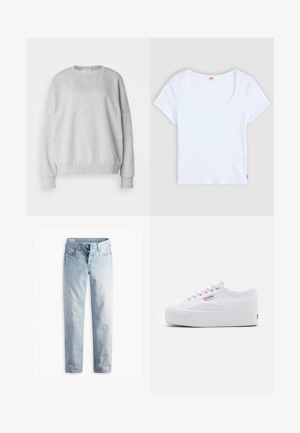 Hele hall sweatshirt pehmest kangast, ümmarguse kaelusega, langevate õlgadega ning soonikutega mansettide ja ääristega, millel on mugav lõike.; Valge lühikeste varrukatega topp ruudukujulise dekoltee ja ribakanga tekstuuriga. Omab väikest punast logo silti vasakul alumisel nurgas.; Hele sinised teksapüksid sirge säärekujundusega, viie tasku ja metallist nööpkinnitustega standardsel vöökohal.; Valge kangast sneaker paksu valge platvormi tossul, ümmargune nina ja metallist augud nööride jaoks. Brändi logo on küljes.