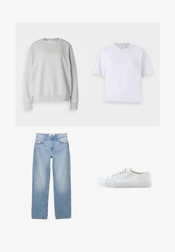 Hellgrauer Sweatshirt aus weichem Material, mit rundem Halsausschnitt, überschnittenen Schultern und gerippten Bündchen sowie Saum für eine entspannte Passform.; Weißes Baumwoll-T-Shirt mit lockerem Schnitt, kurzen Ärmeln, Rundhalsausschnitt und ohne sichtbare Muster oder Verzierungen. Glatte Textur.; Helle blaue Jeans aus Denim mit geradem Bein, Fünf-Taschen-Stil und sichtbaren Nähdetails. Der Stoff hat eine weiche, leicht ausgewaschene Textur.; Weißer niedriger Canvas-Sneaker mit weißen Schnürsenkeln und Gummisohle, von der Seite auf weißem Hintergrund dargestellt.