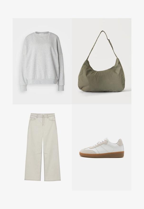 Hele hall sweatshirt pehmest kangast, ümmarguse kaelusega, langevate õlgadega ning soonikutega mansettide ja ääristega, millel on mugav lõike.; Heledad hall-gajused püksid, viie taskuga, ette nööpidega kinnitamine ja kontrastne õmblus. Kangas paistab pehme ja vastupidav.; Valged nahast spordijalatsid, millel on beežist sametist aksessuaarid, tekstureeritud keel ja kummitald. Omab valgeid paelu ja peeneid õmblusdetailide. ; Õlakott pehmest oliivrohelisest kangast, lukuga sulgemine ja reguleeritav rihm, ühtlasel heledal taustal.