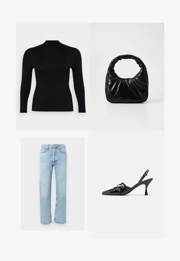 Sort langærmet turtleneck top lavet af blødt, glat stof. Slim fit med høj hals og lige kant, præget af minimale sømme og uden mønstre.; Lyseblå straight-leg jeans med knap- og lynlåslukning foran, fem lommer og kontrastsyninger.; ALOHAS JOELLE ONIX - Pumps - black; Sort polstret håndtaske med et rundt håndtag, der har en glat, skinnende overflade og en blød, kviltet tekstur. Ingen synlige hardware eller accenter.
