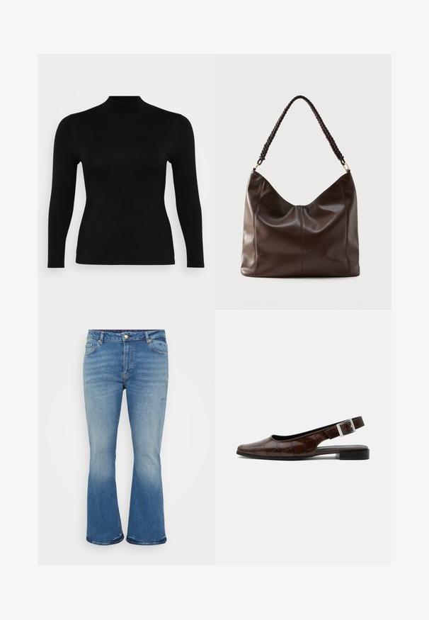 Sort langærmet turtleneck top lavet af blødt, glat stof. Slim fit med høj hals og lige kant, præget af minimale sømme og uden mønstre.; Lyseblå flagrende jeans med denimtekstur, fem-lomme design, messingknap lukning og falming på lår og underben.; Mørkebrun læderslingback flad sko med firkantet tå, krokodille tekstur og sølvspænde på remmen.; Mørkebrun læder skuldertaske med flettet håndtag og synlige sømdetaljer på forsiden.