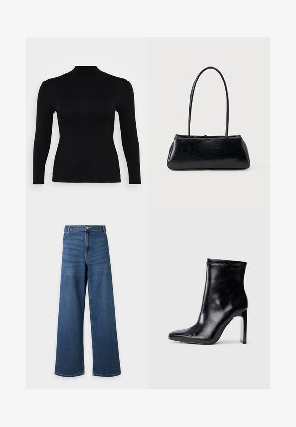 Sort langærmet turtleneck top lavet af blødt, glat stof. Slim fit med høj hals og lige kant, præget af minimale sømme og uden mønstre.; Blå vidde-benet denim jeans med frontknap og lynlås, forlommer og bæltestropper, vist fladt mod en lys baggrund.; Sorte læder ankelstøvle med spidse tæer og høj klar hæl. Glat tekstur og minimal syning på overmaterialet.; Sort rektangulær skuldertaske med lange tynde stropper og en glat, blank tekstur på en ensfarvet baggrund.